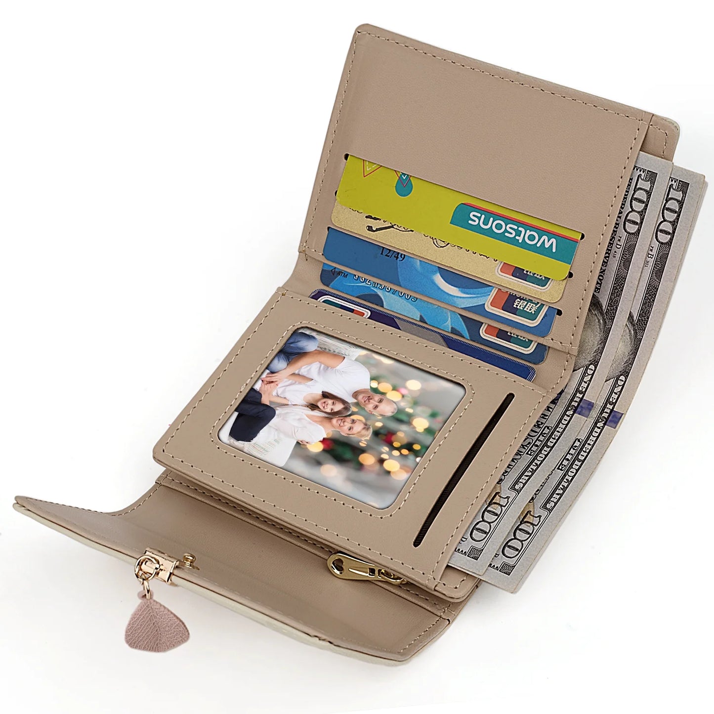 Small Wallet for Women PU Leather RFID Blocking Card Holder Zipper Coin Purse with Leaf Pendant(Khaki)