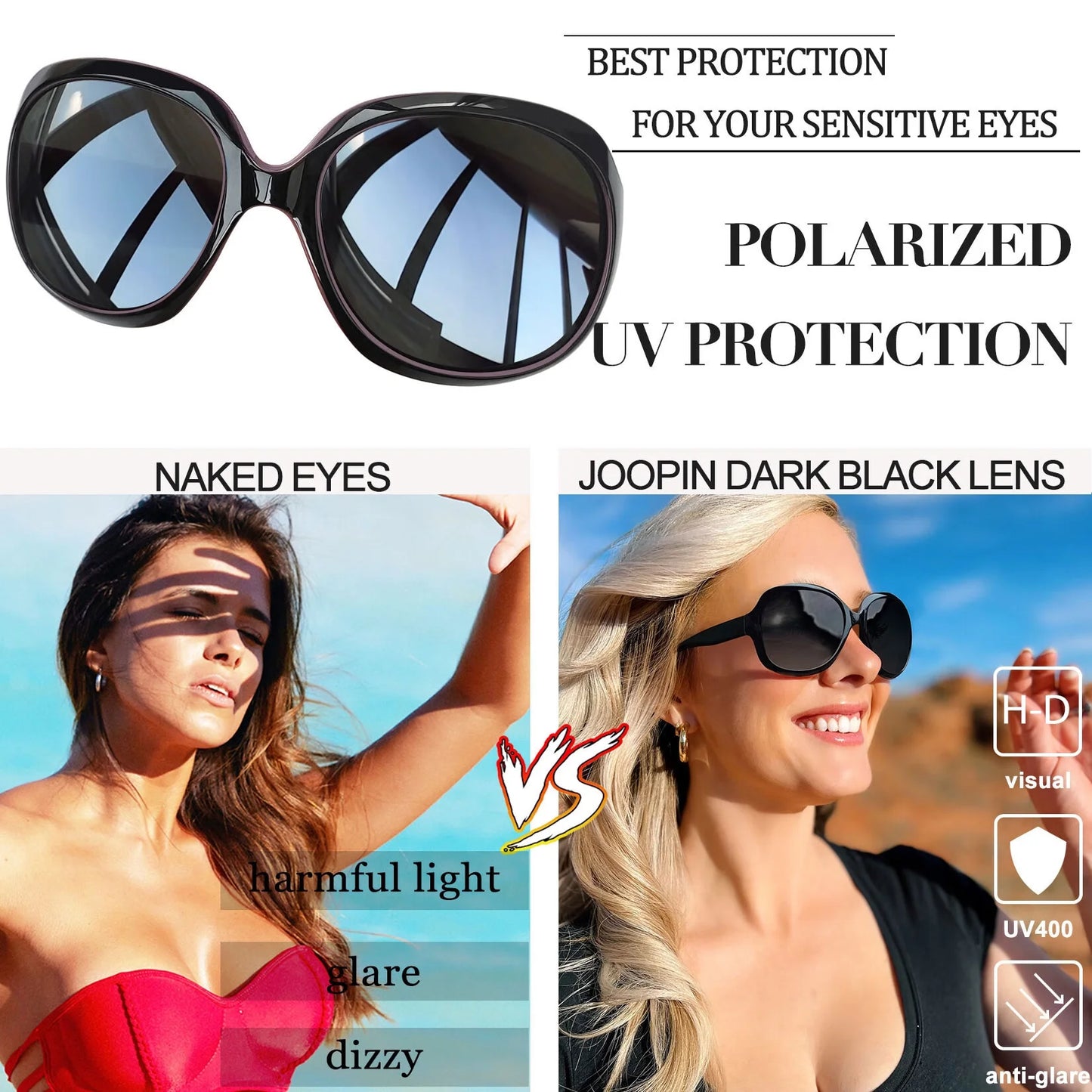 Polarized Sunglasses for Women, Ladies Wide Frame Sun Glasses UV Blocking (Black Purple)